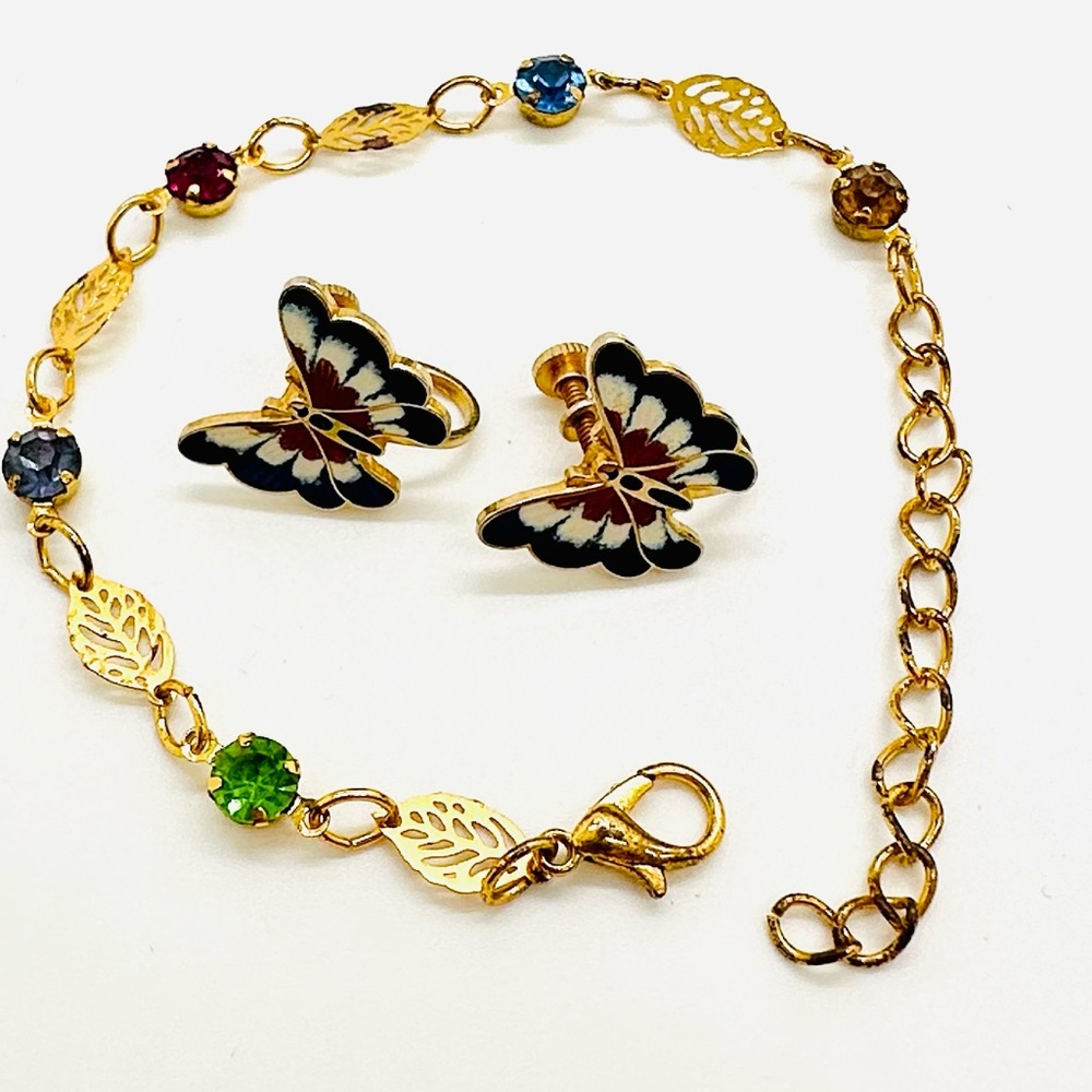 Vintage Butterfly Earrings & Rhinestone Bracelet